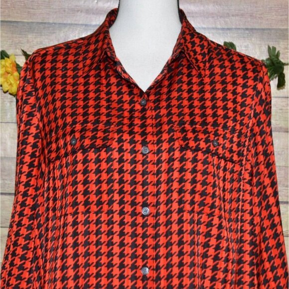 Jones New York Red Black Retro Houndstooth Button Up Blouse Top Size 12 Career - Picture 2 of 10